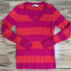 LOFT Petite XS Fuchsia & Orange Cableknit V Neck Sweater Wool Blend Preppy